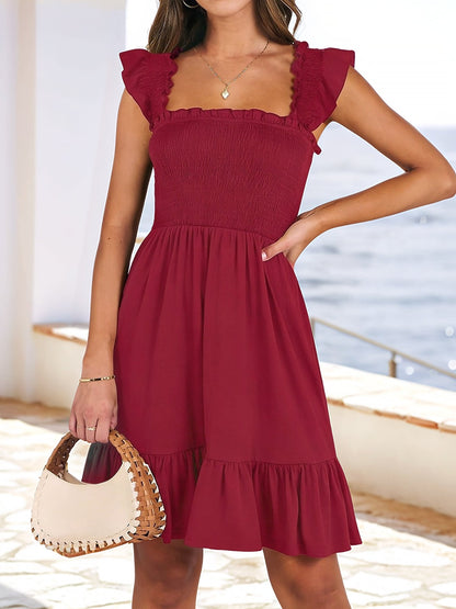 Ruffled Square Neck Cap Sleeves A-Line Tiered Dress