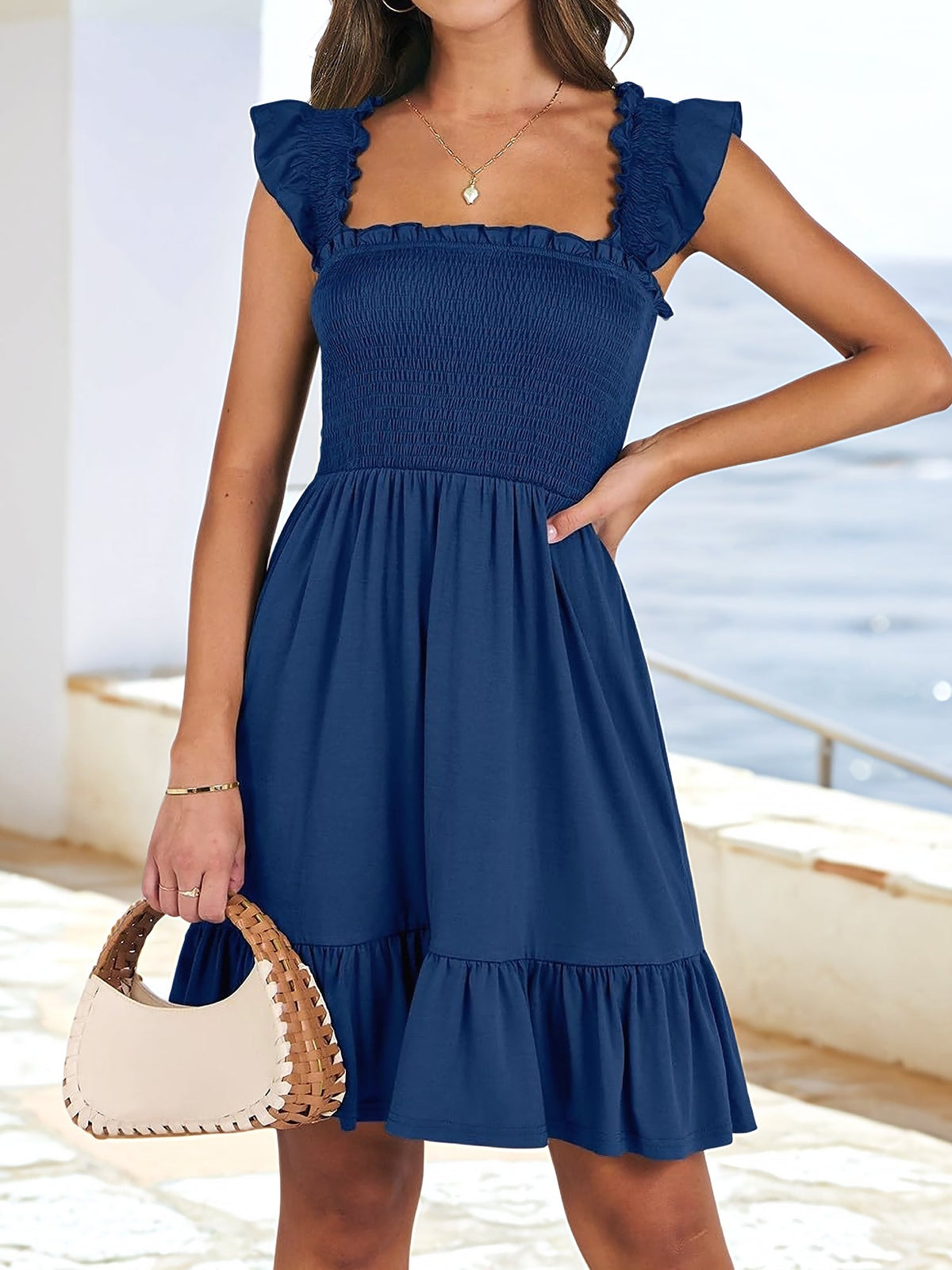 Ruffled Square Neck Cap Sleeves A-Line Tiered Dress