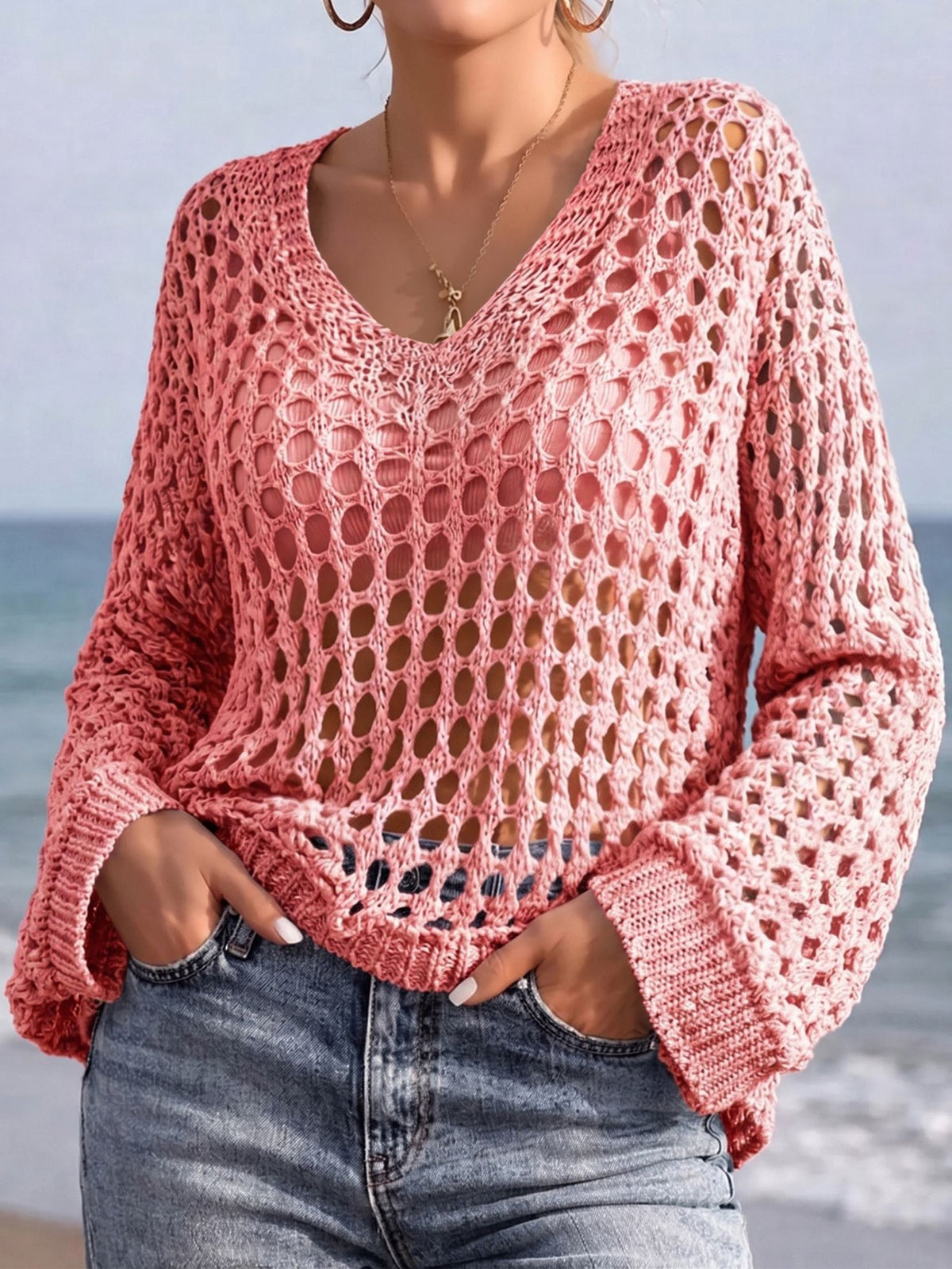 Crochet Long Sleeves Beachwear Cover-Up Top