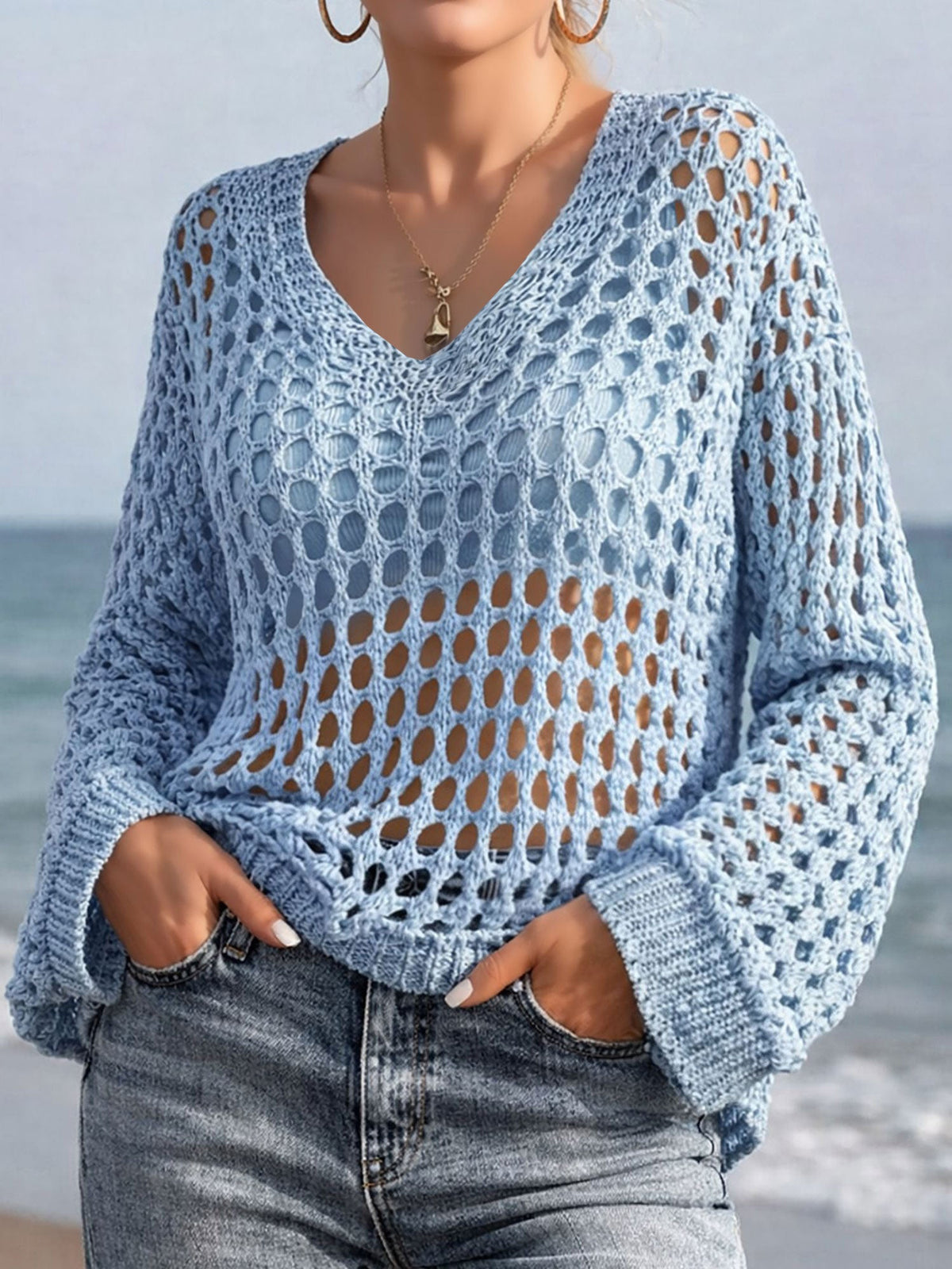 Crochet Long Sleeves Beachwear Cover-Up Top
