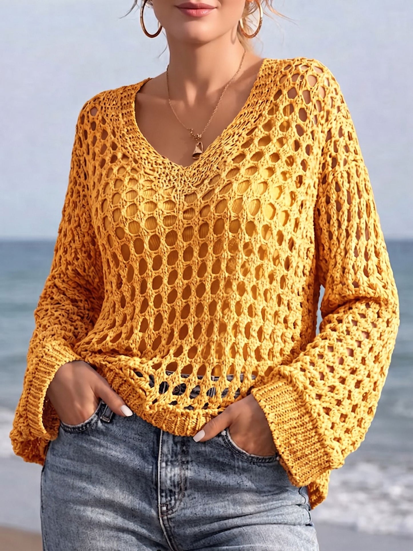 Crochet Long Sleeves Beachwear Cover-Up Top