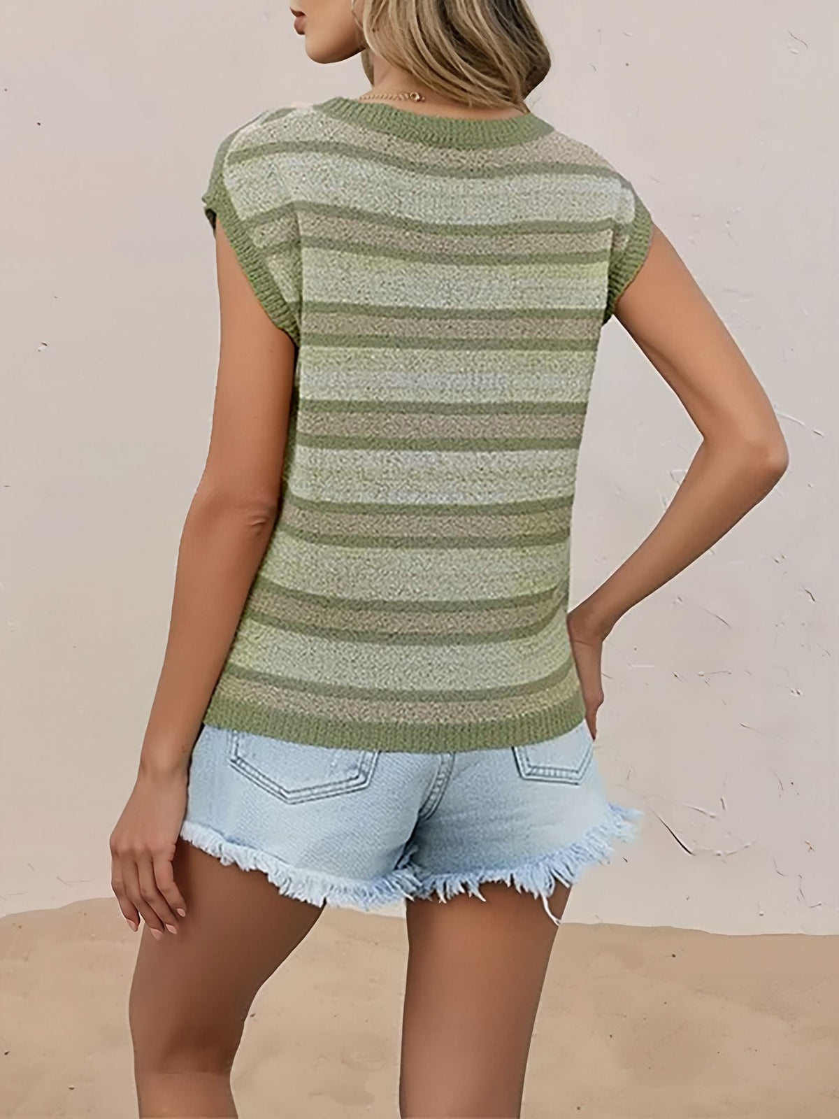 Colorblock Knit Striped Cap Sleeves Top
