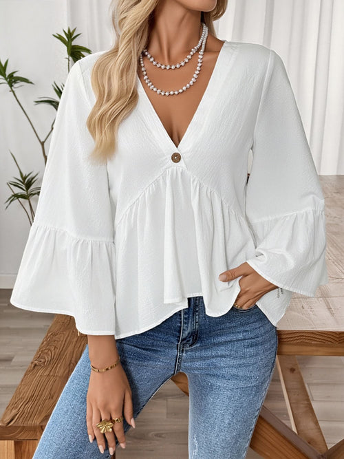 Solid Color V Neck Ruffled 3/4 Sleeve Cotton Blouse
