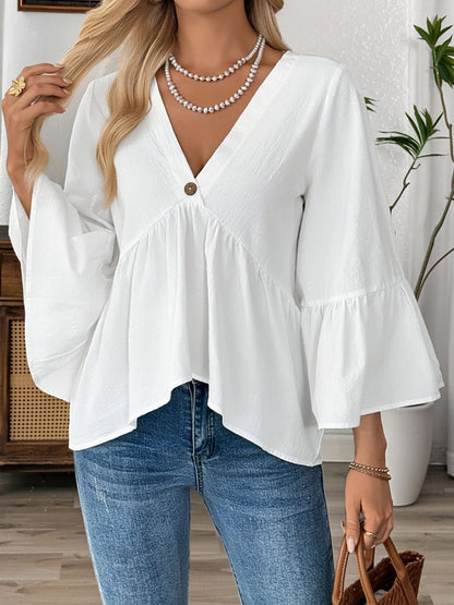 Solid Color V Neck Ruffled 3/4 Sleeve Cotton Blouse