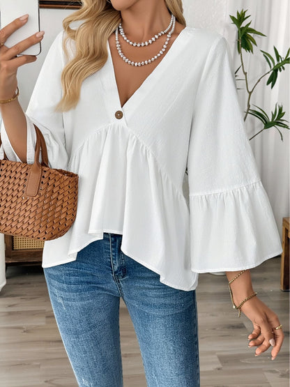 Solid Color V Neck Ruffled 3/4 Sleeve Cotton Blouse