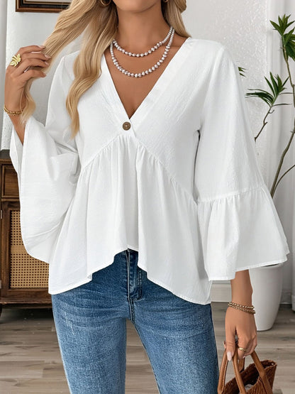 Solid Color V Neck Ruffled 3/4 Sleeve Cotton Blouse