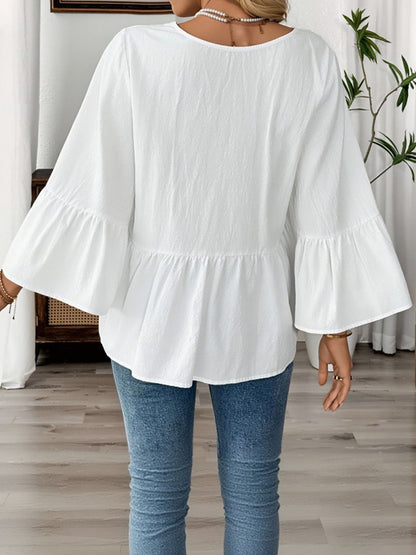 Solid Color V Neck Ruffled 3/4 Sleeve Cotton Blouse