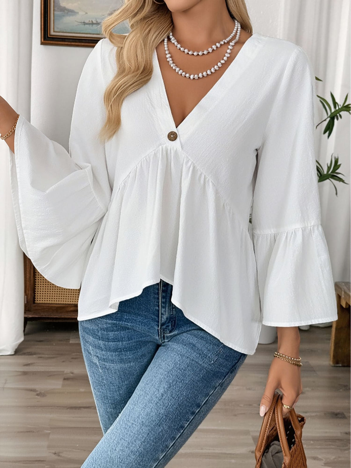Solid Color V Neck Ruffled 3/4 Sleeve Cotton Blouse