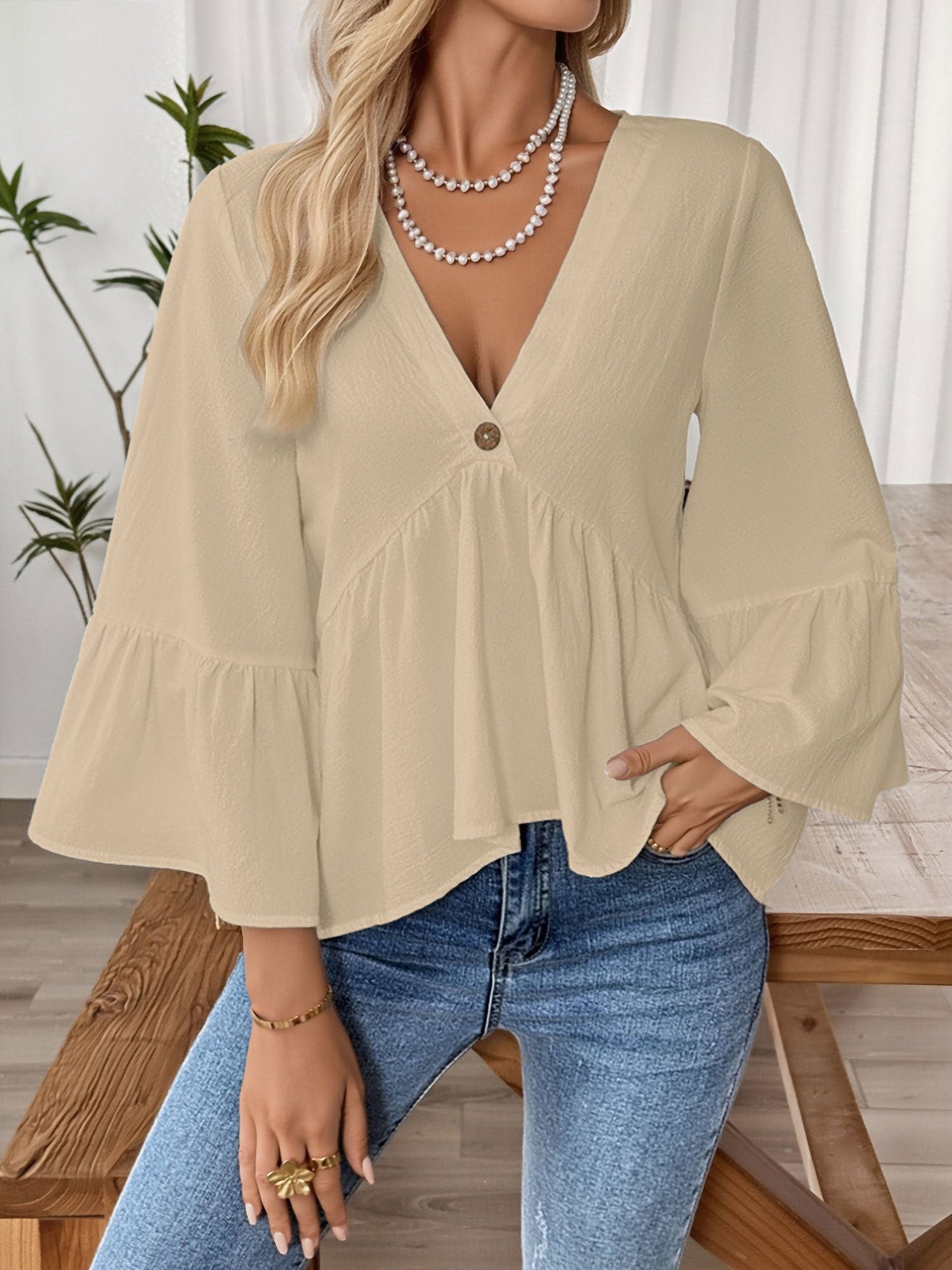 Solid Color V Neck Ruffled 3/4 Sleeve Cotton Blouse