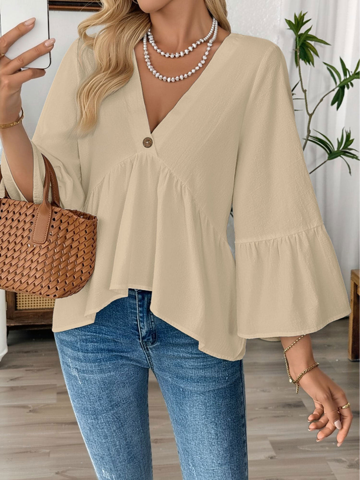 Solid Color V Neck Ruffled 3/4 Sleeve Cotton Blouse