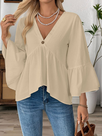 Solid Color V Neck Ruffled 3/4 Sleeve Cotton Blouse