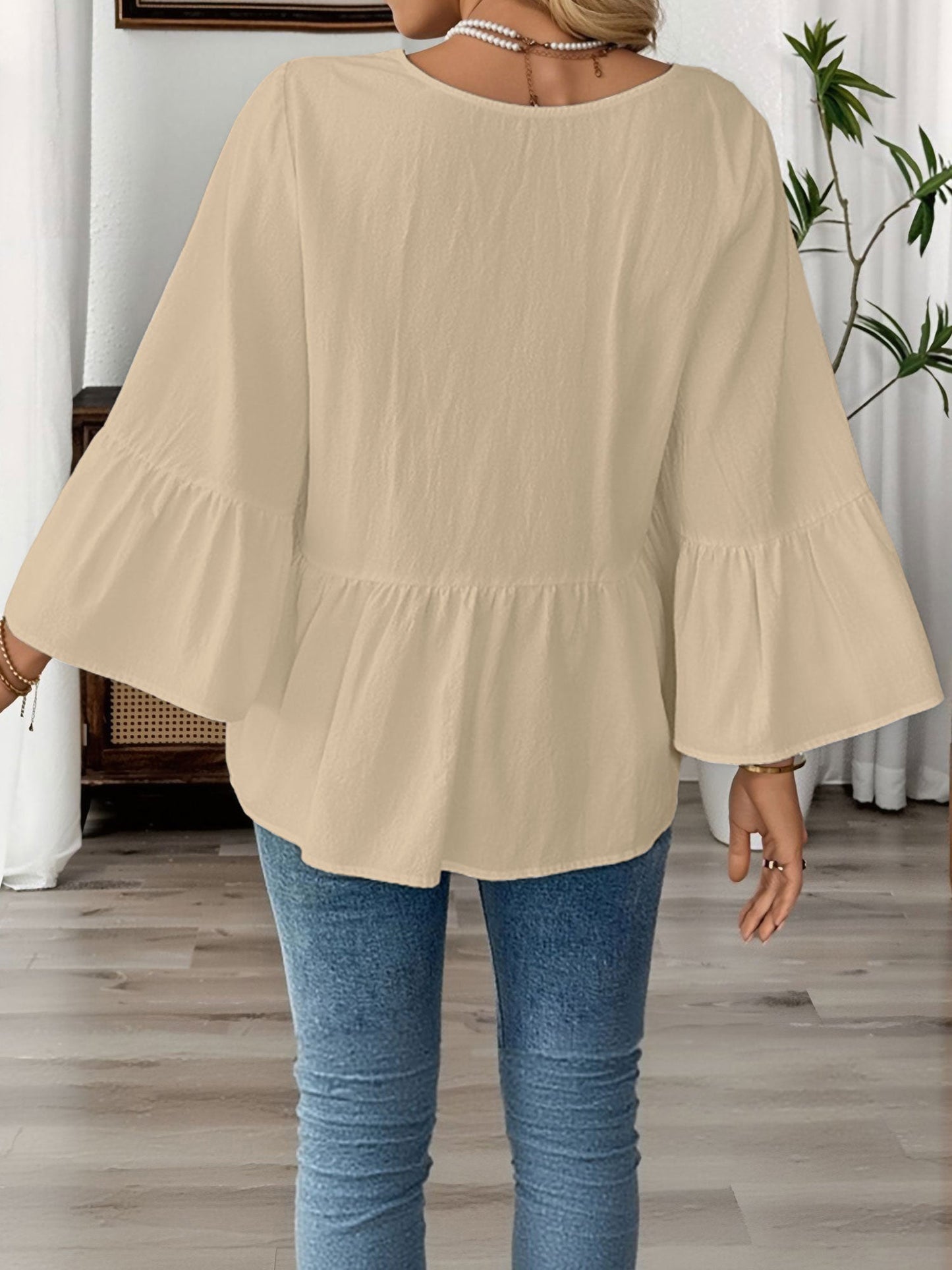 Solid Color V Neck Ruffled 3/4 Sleeve Cotton Blouse