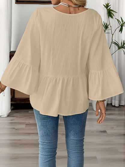 Solid Color V Neck Ruffled 3/4 Sleeve Cotton Blouse