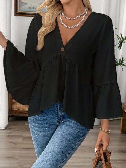 Solid Color V Neck Ruffled 3/4 Sleeve Cotton Blouse