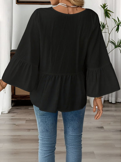 Solid Color V Neck Ruffled 3/4 Sleeve Cotton Blouse