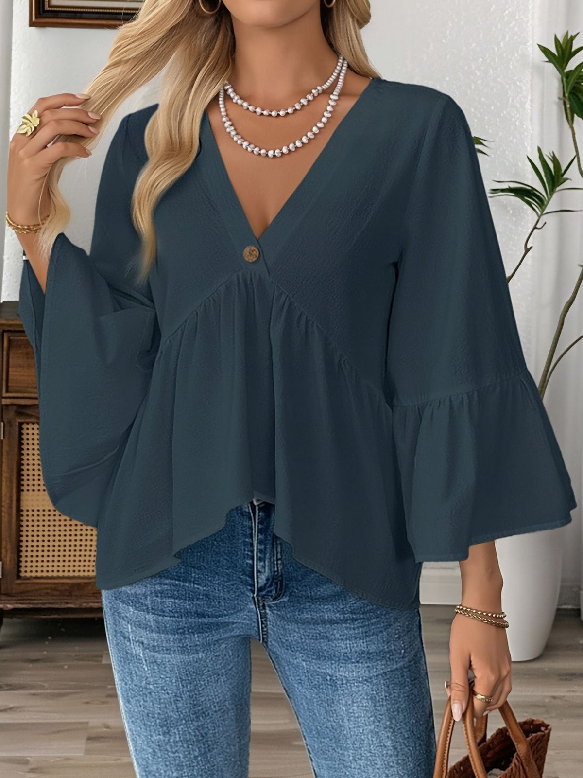 Solid Color V Neck Ruffled 3/4 Sleeve Cotton Blouse