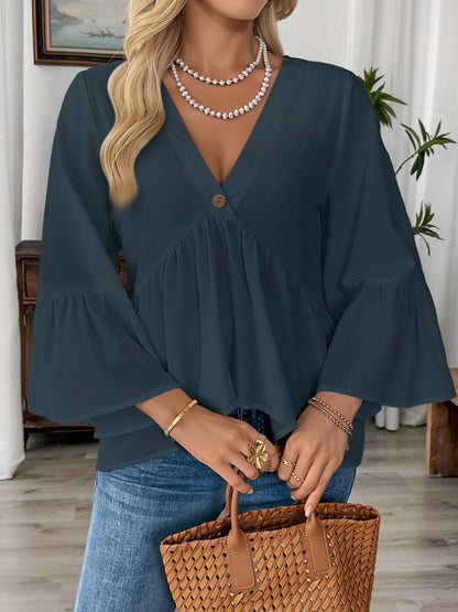 Solid Color V Neck Ruffled 3/4 Sleeve Cotton Blouse