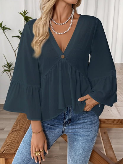 Solid Color V Neck Ruffled 3/4 Sleeve Cotton Blouse