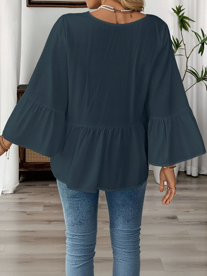 Solid Color V Neck Ruffled 3/4 Sleeve Cotton Blouse