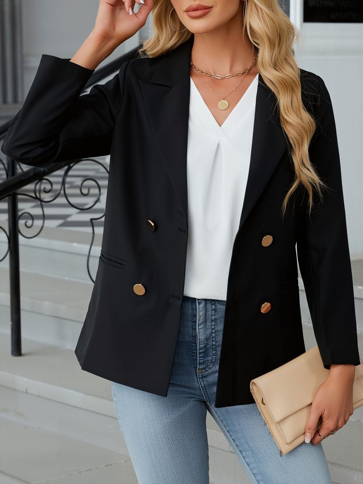 3/4 Sleeve V Neck Ruffled Sleeve Casual Chiffon Blouse