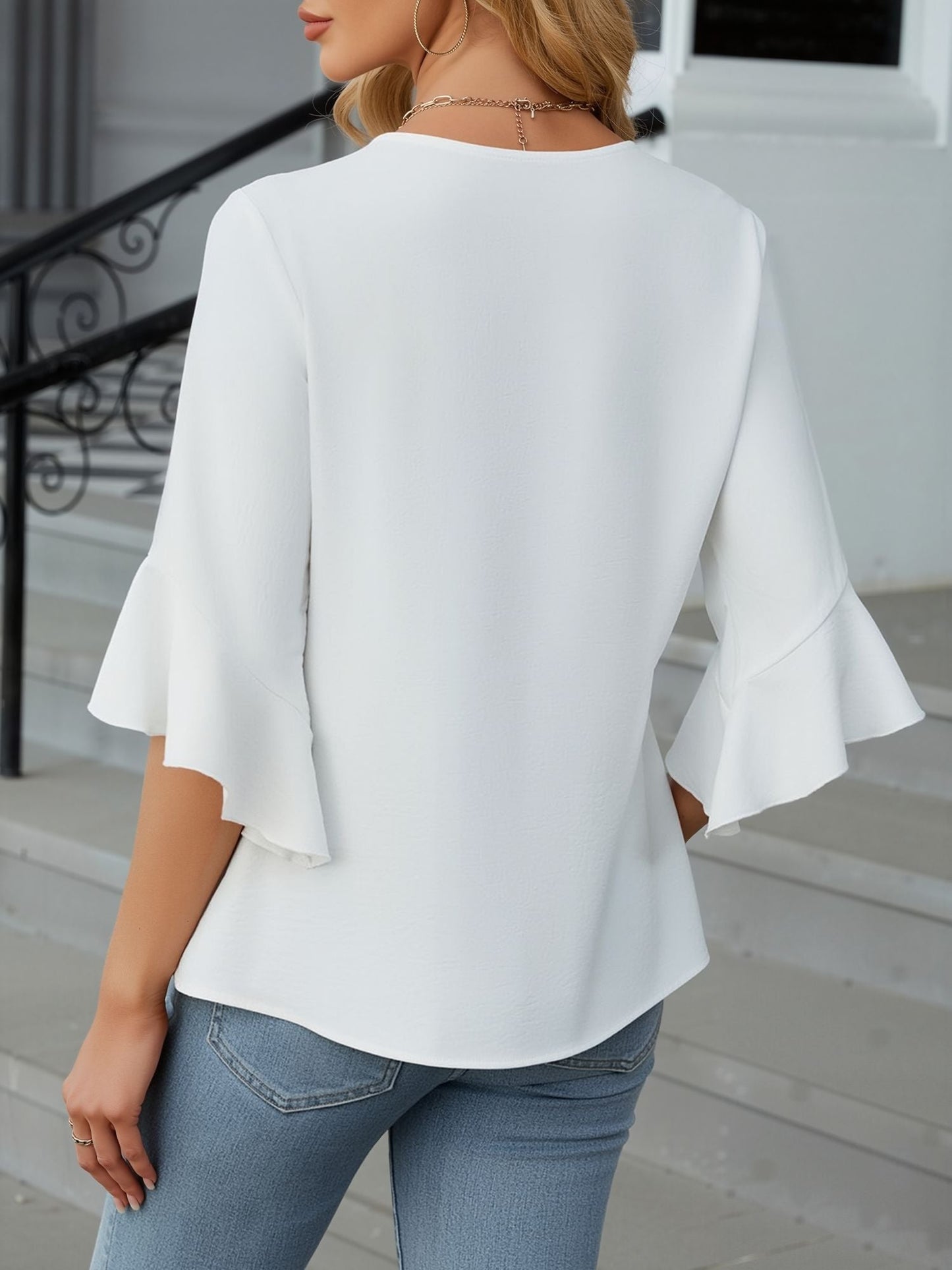 3/4 Sleeve V Neck Ruffled Sleeve Casual Chiffon Blouse