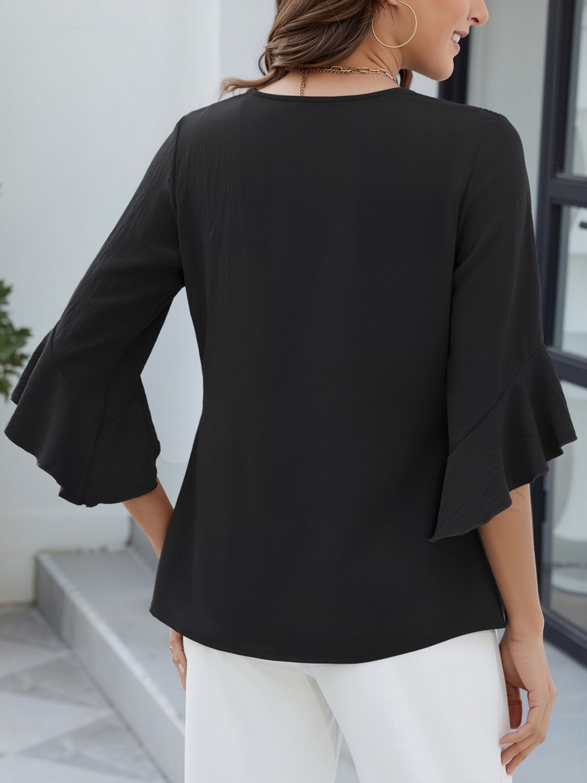 3/4 Sleeve V Neck Ruffled Sleeve Casual Chiffon Blouse