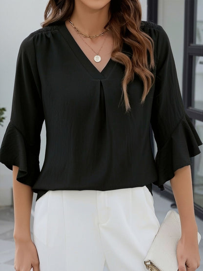 3/4 Sleeve V Neck Ruffled Sleeve Casual Chiffon Blouse