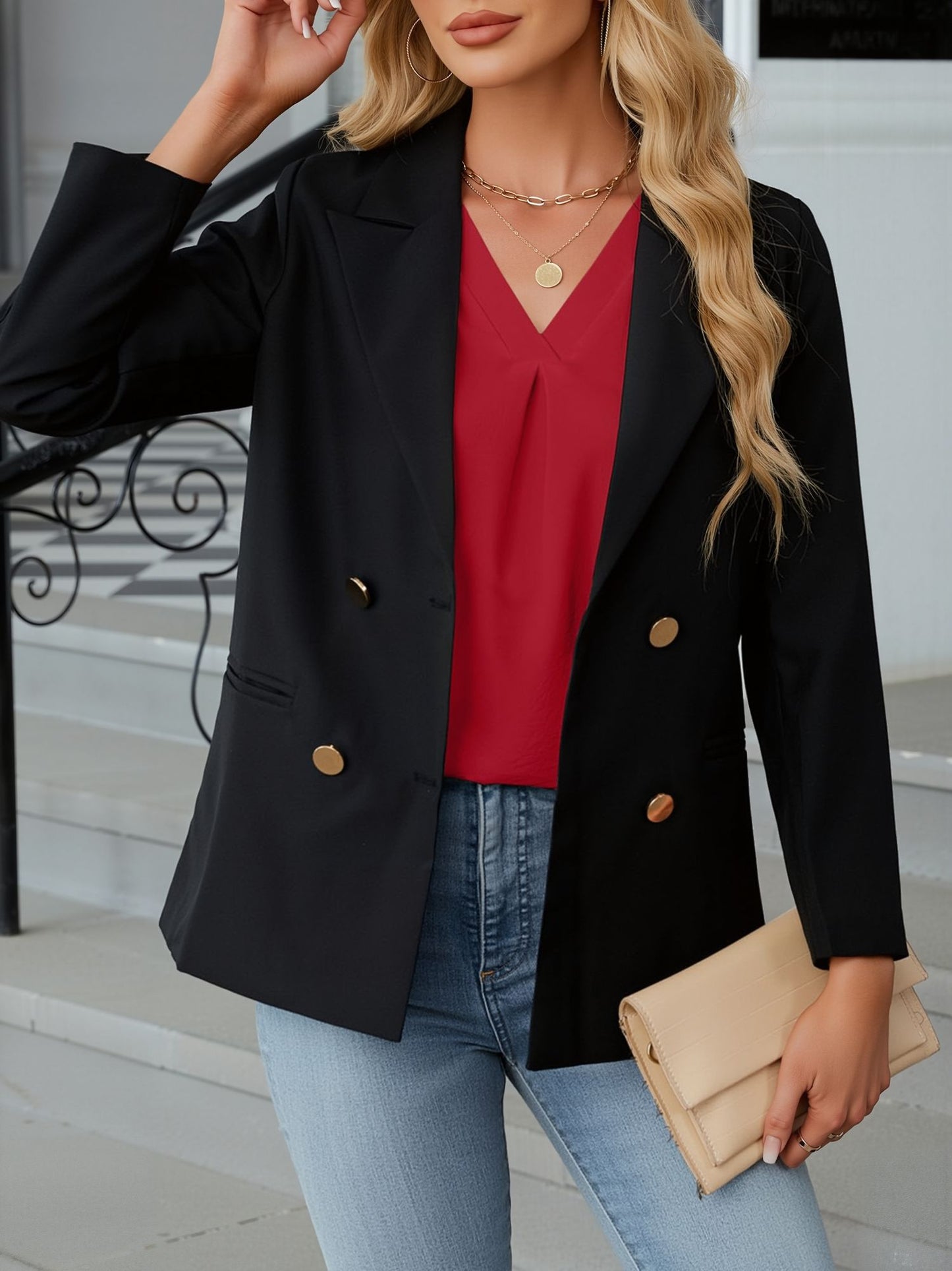 3/4 Sleeve V Neck Ruffled Sleeve Casual Chiffon Blouse
