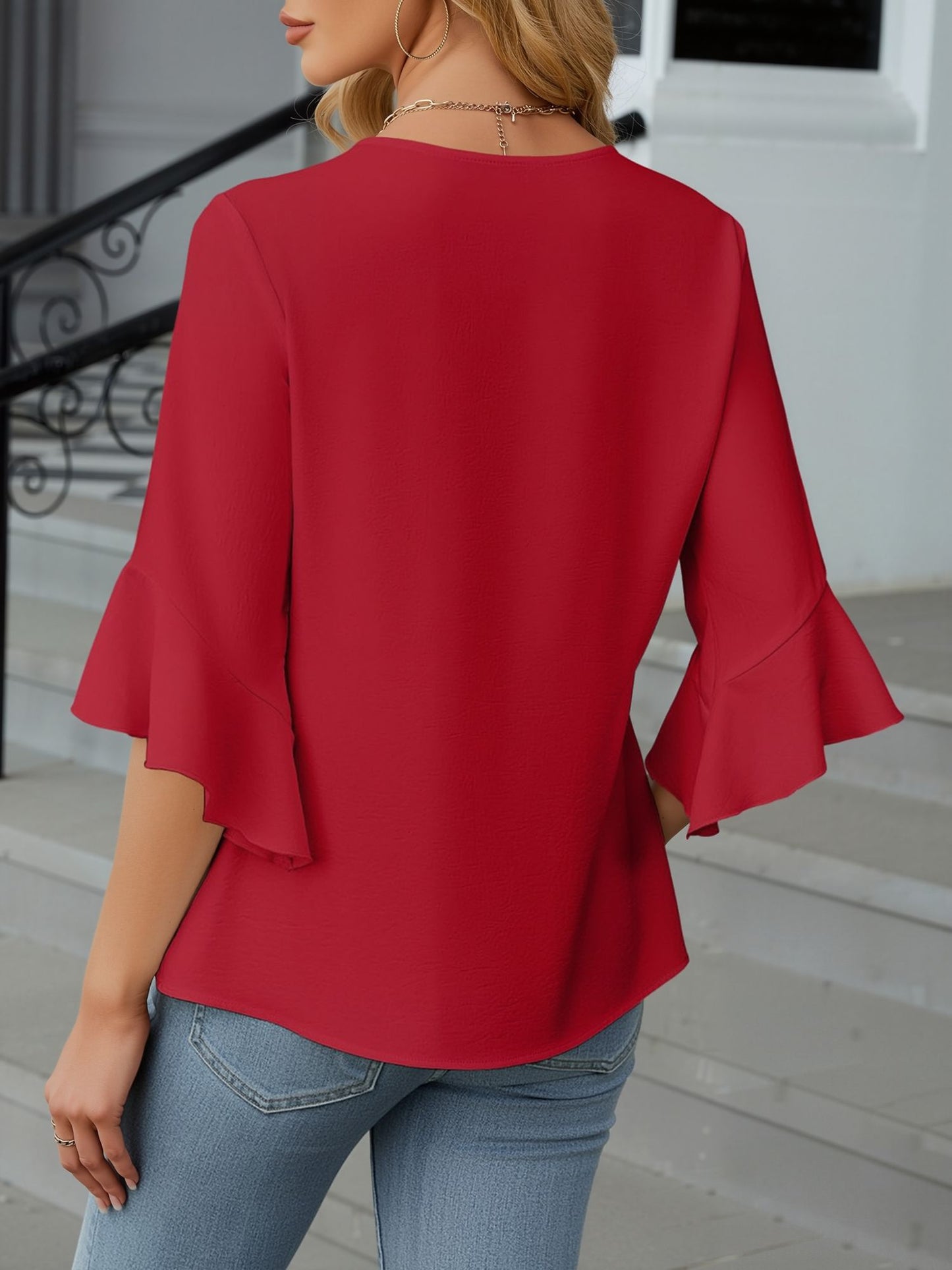3/4 Sleeve V Neck Ruffled Sleeve Casual Chiffon Blouse