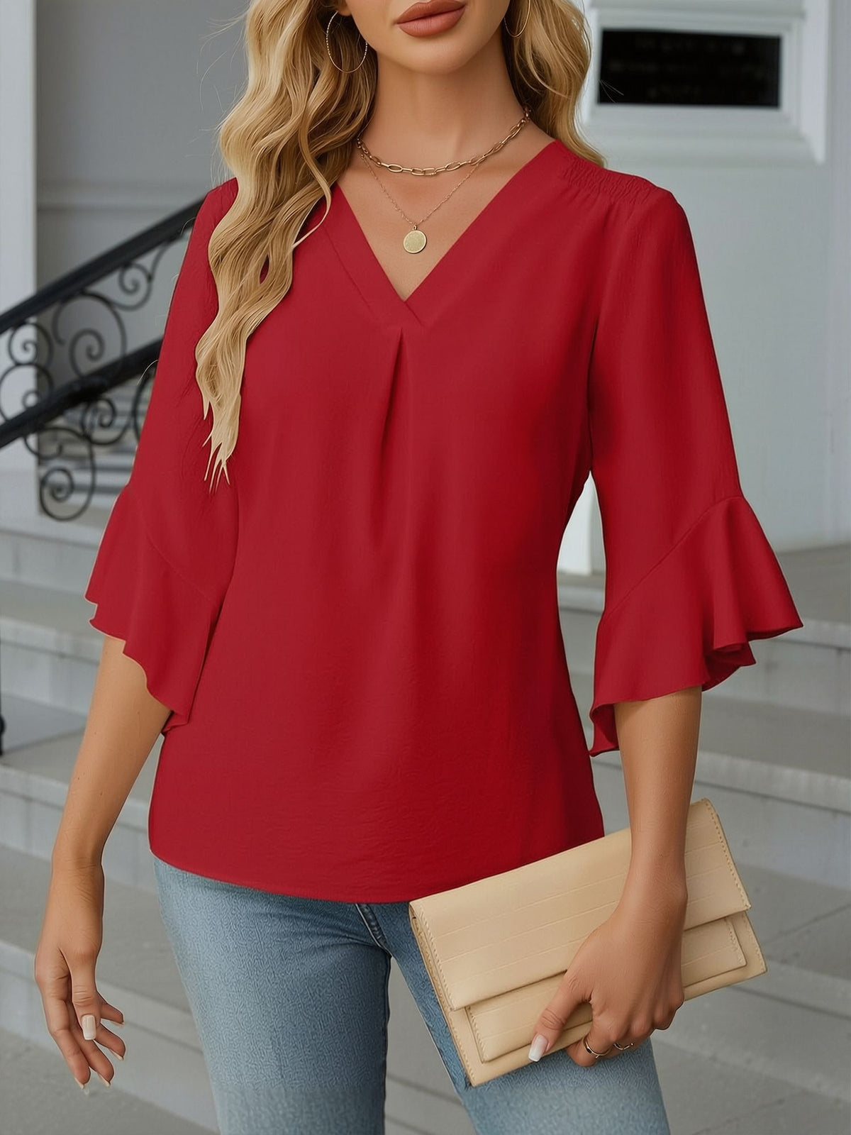 3/4 Sleeve V Neck Ruffled Sleeve Casual Chiffon Blouse