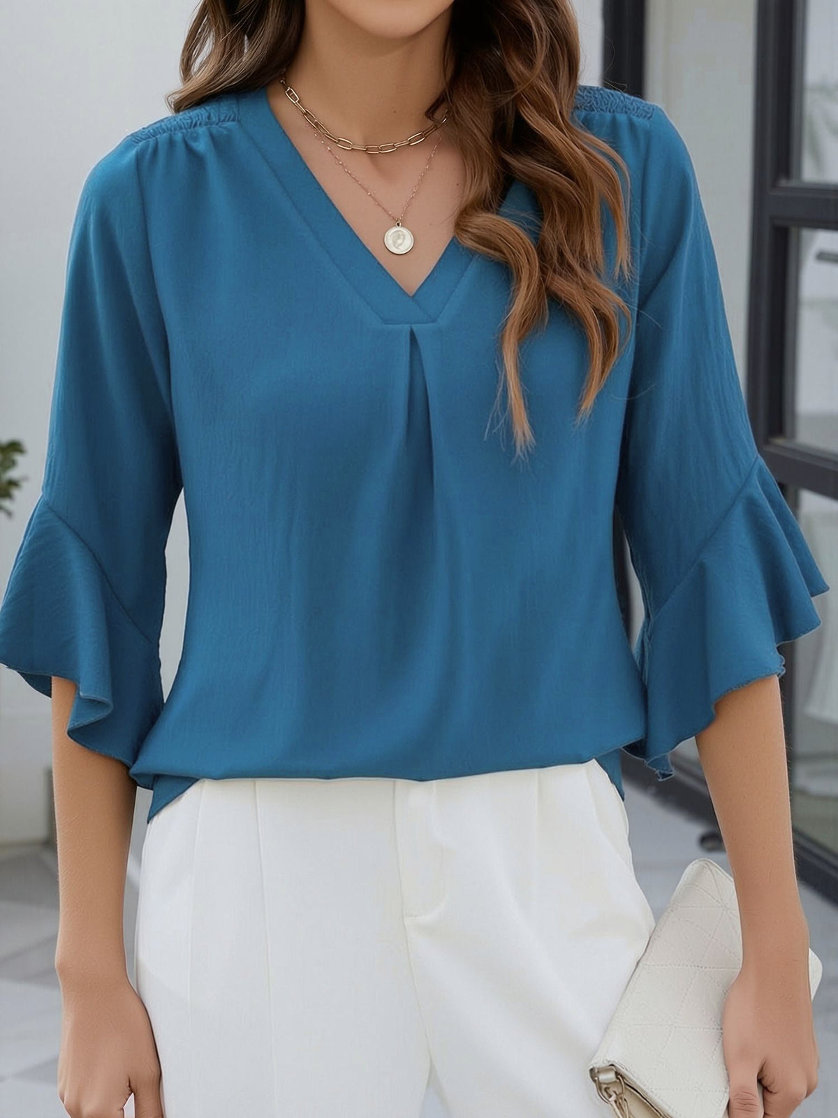 3/4 Sleeve V Neck Ruffled Sleeve Casual Chiffon Blouse