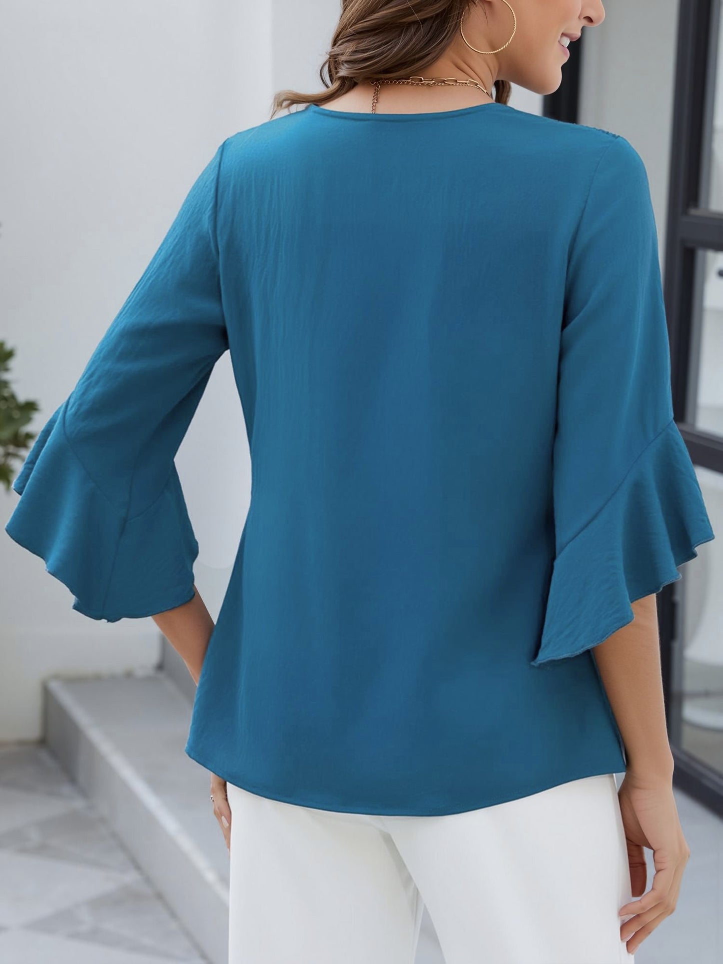 3/4 Sleeve V Neck Ruffled Sleeve Casual Chiffon Blouse