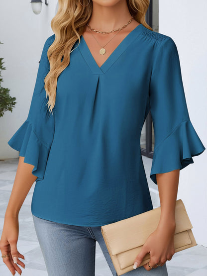 3/4 Sleeve V Neck Ruffled Sleeve Casual Chiffon Blouse