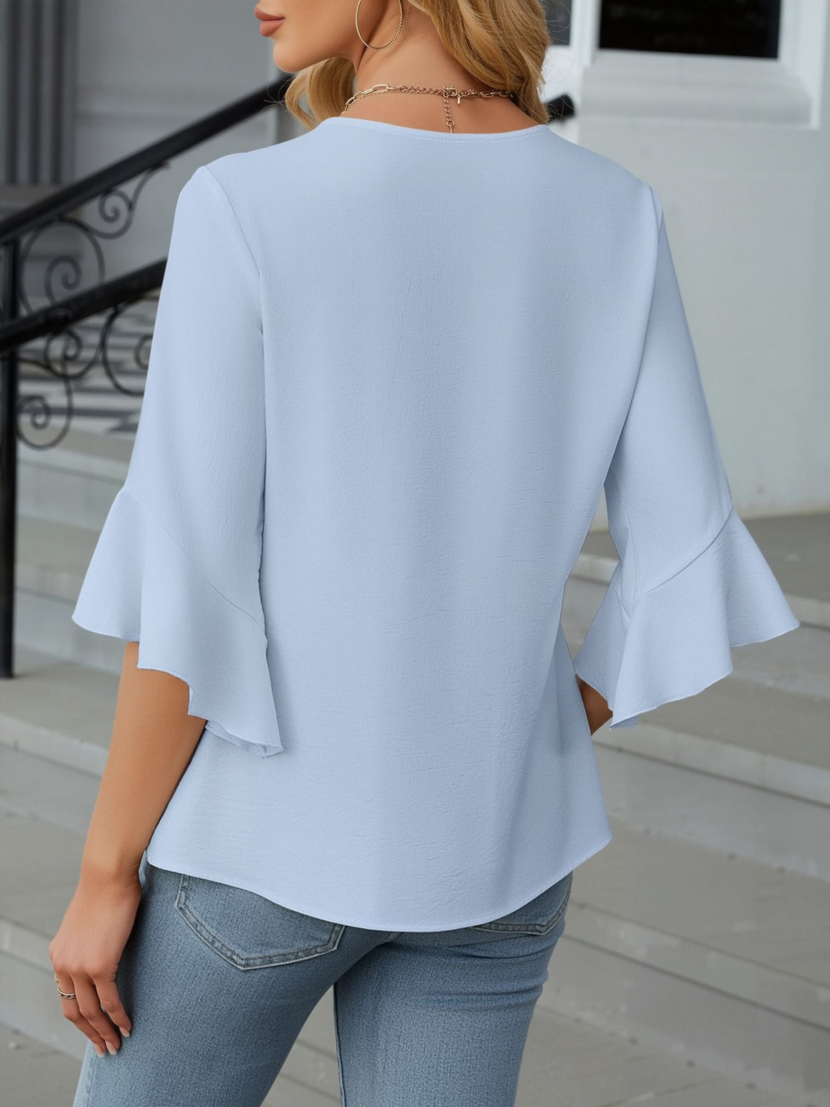 3/4 Sleeve V Neck Ruffled Sleeve Casual Chiffon Blouse
