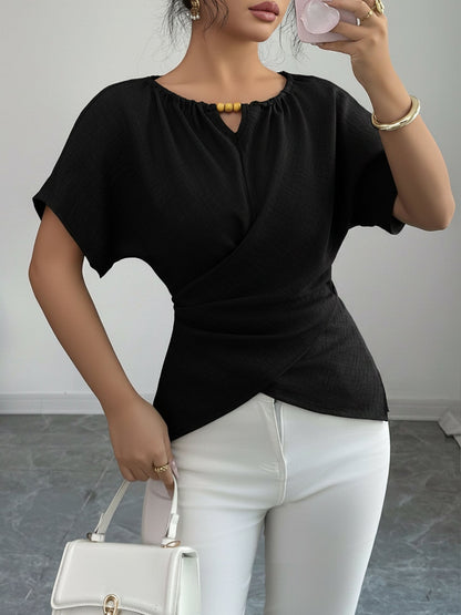 Beaded Solid Color Short Sleeve Tie Waist Blouse