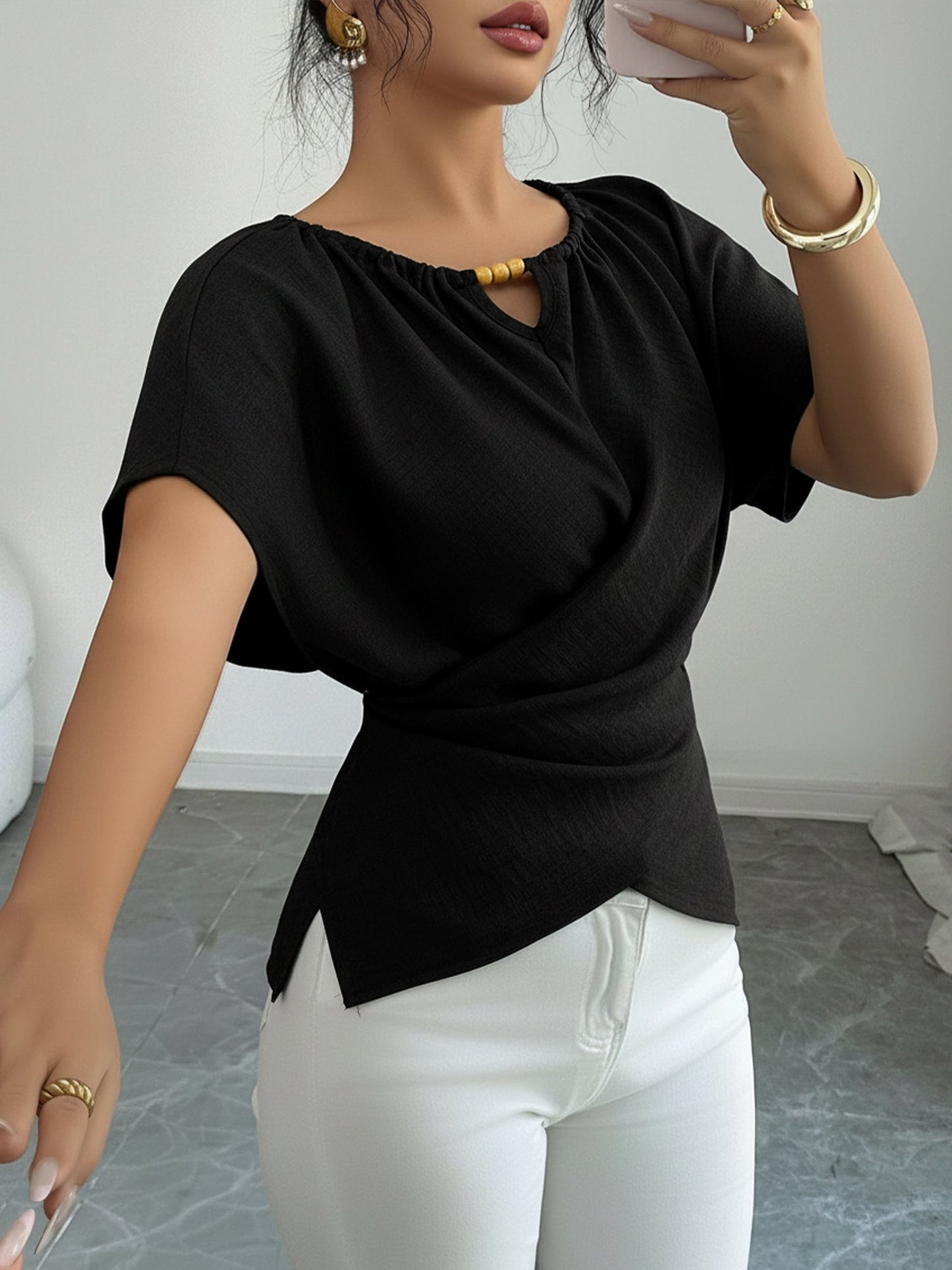 Beaded Solid Color Short Sleeve Tie Waist Blouse