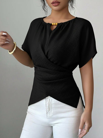 Beaded Solid Color Short Sleeve Tie Waist Blouse