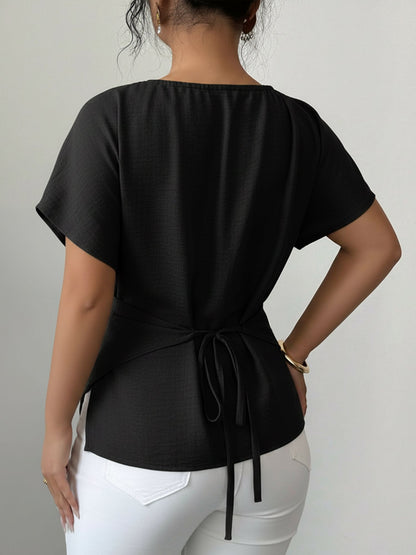 Beaded Solid Color Short Sleeve Tie Waist Blouse