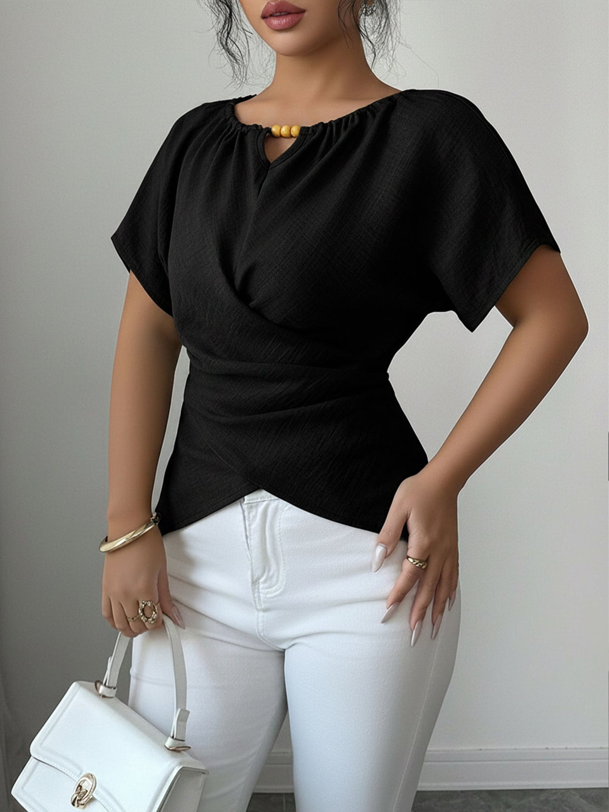 Beaded Solid Color Short Sleeve Tie Waist Blouse