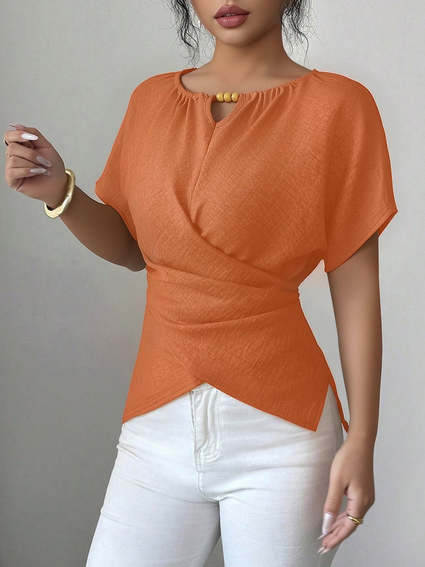 Beaded Solid Color Short Sleeve Tie Waist Blouse