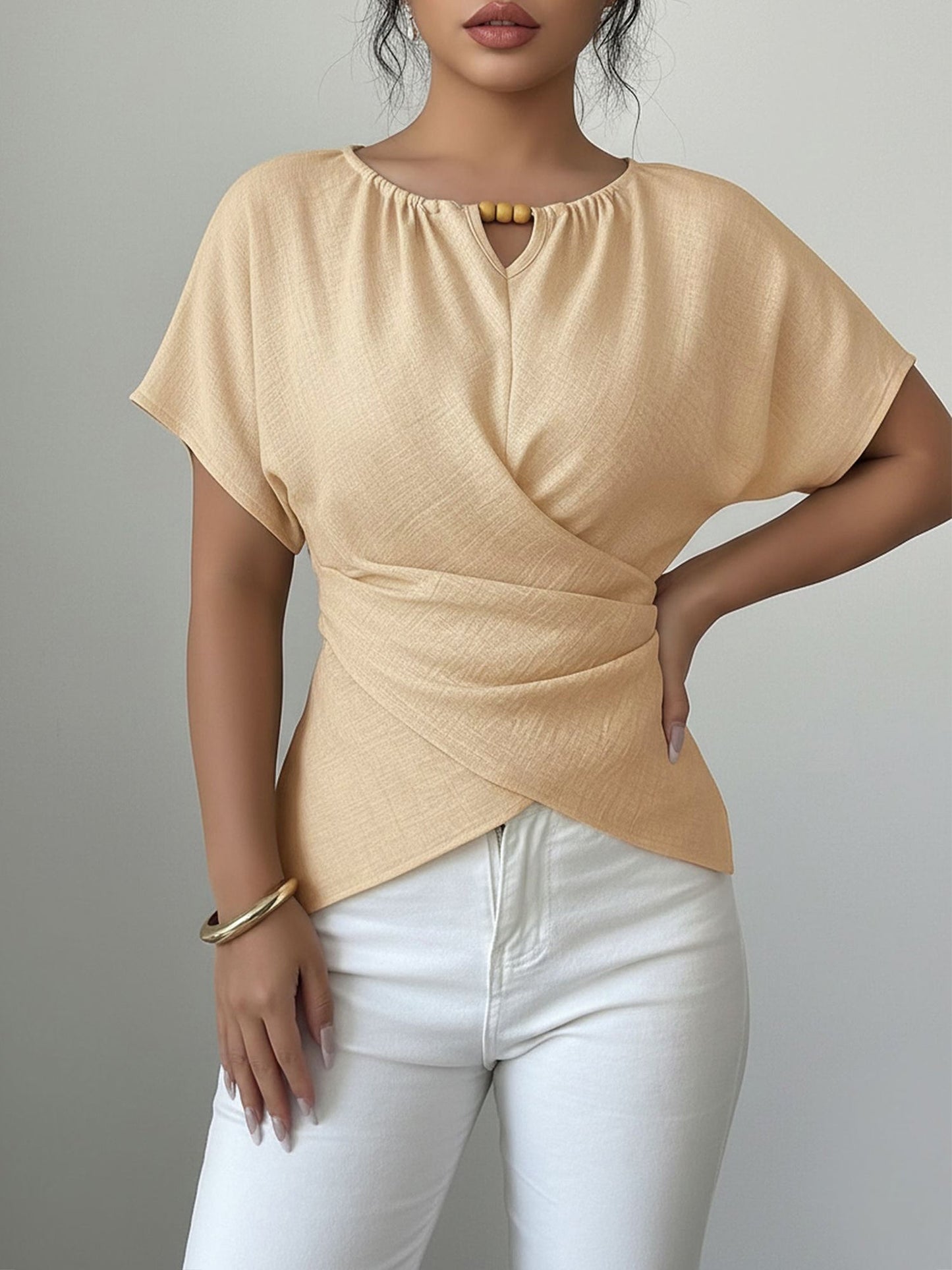 Beaded Solid Color Short Sleeve Tie Waist Blouse