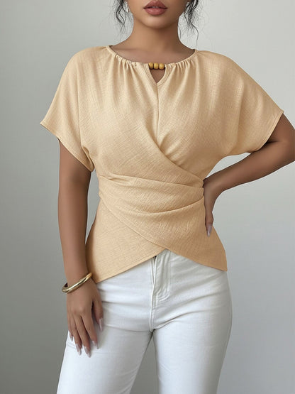 Beaded Solid Color Short Sleeve Tie Waist Blouse