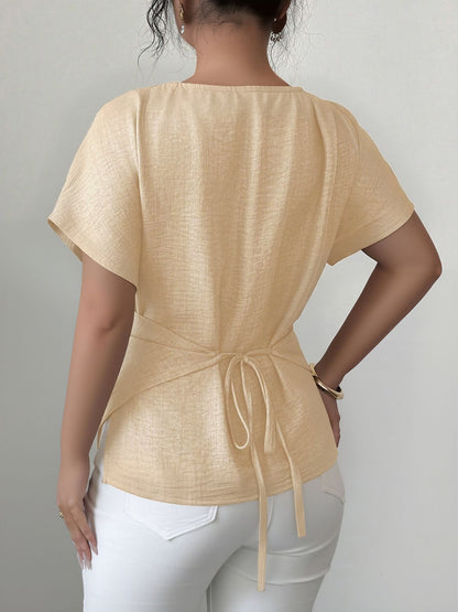 Beaded Solid Color Short Sleeve Tie Waist Blouse