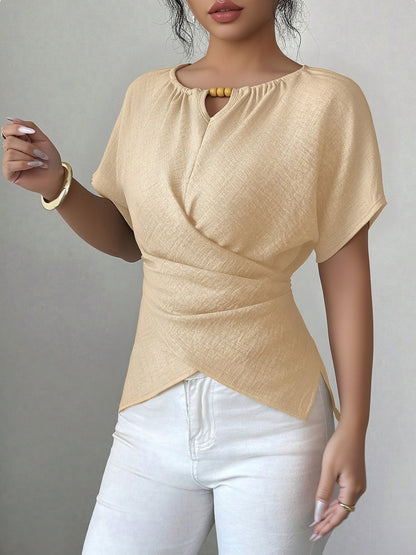 Beaded Solid Color Short Sleeve Tie Waist Blouse