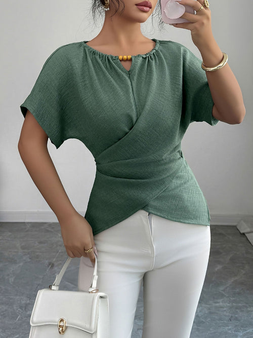 Beaded Solid Color Short Sleeve Tie Waist Blouse