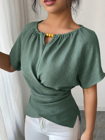 Beaded Solid Color Short Sleeve Tie Waist Blouse