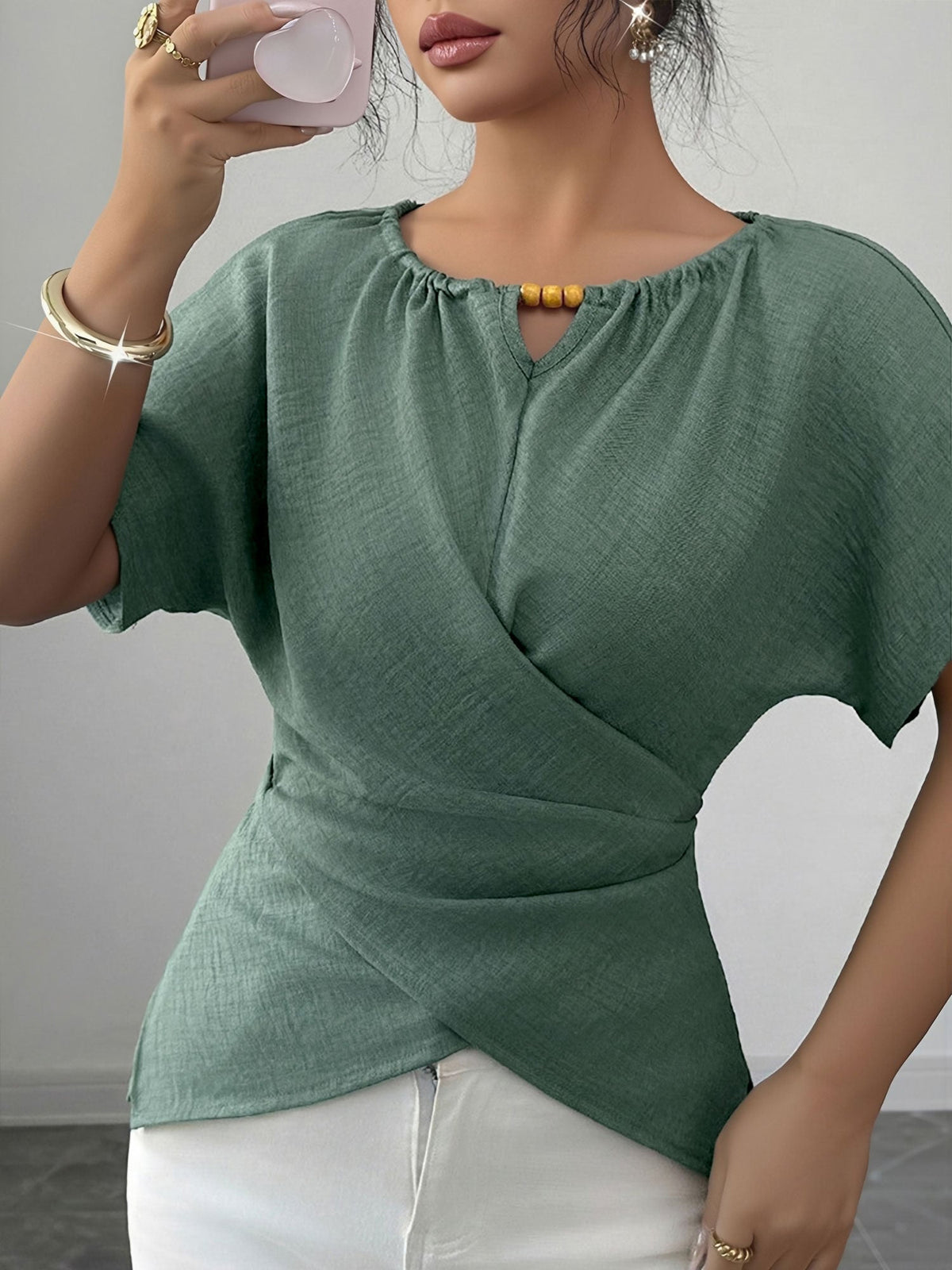 Beaded Solid Color Short Sleeve Tie Waist Blouse