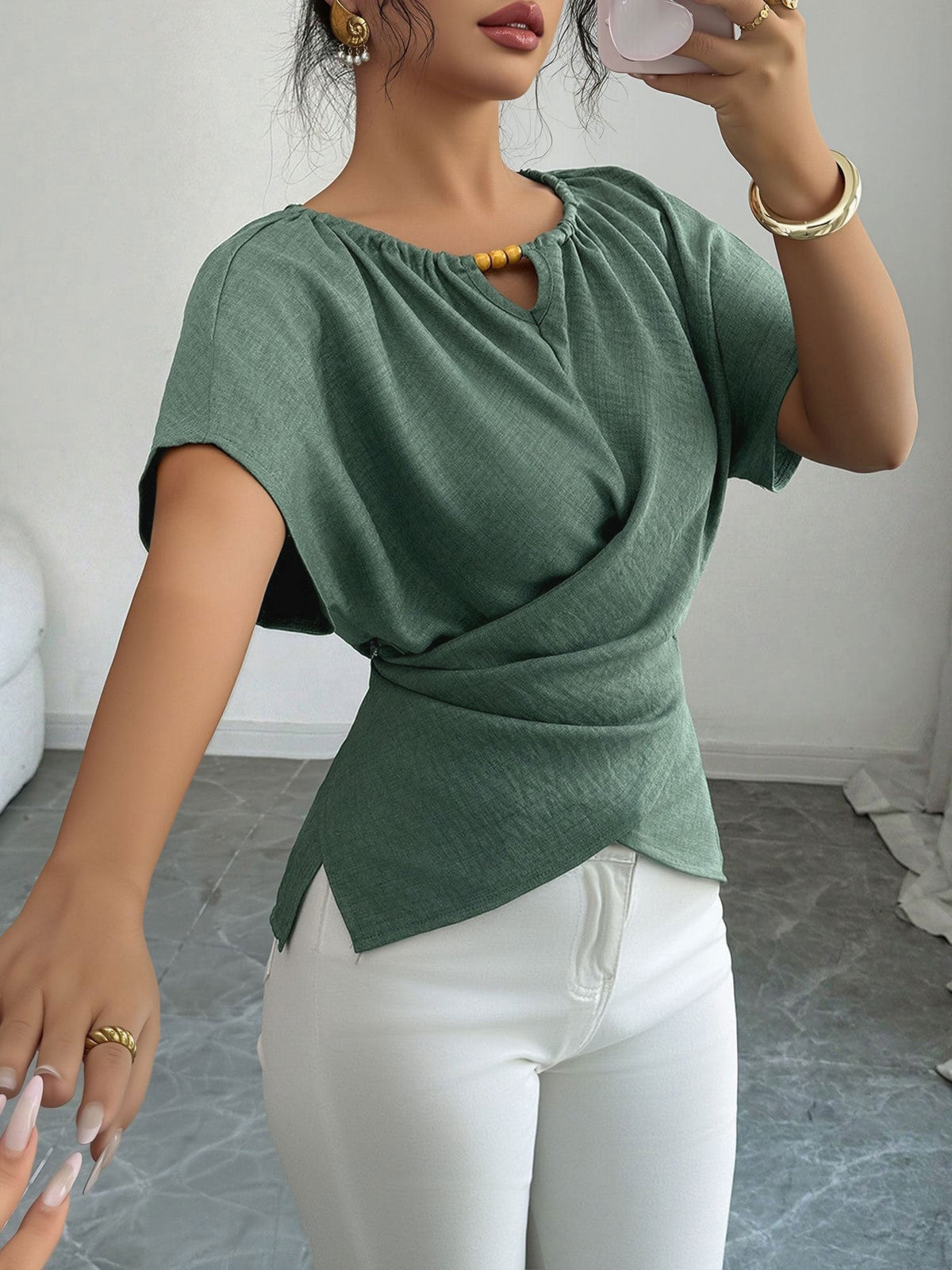 Beaded Solid Color Short Sleeve Tie Waist Blouse
