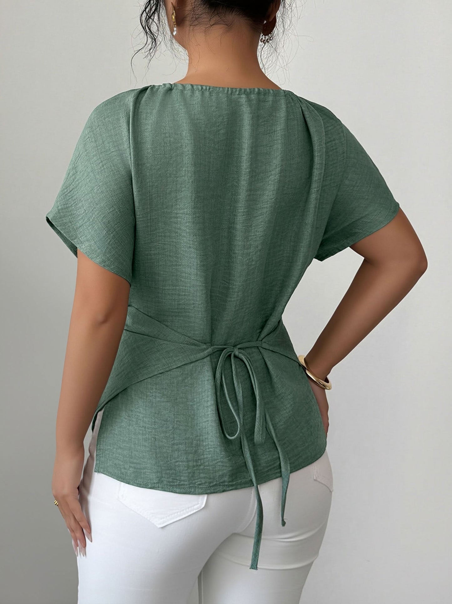 Beaded Solid Color Short Sleeve Tie Waist Blouse
