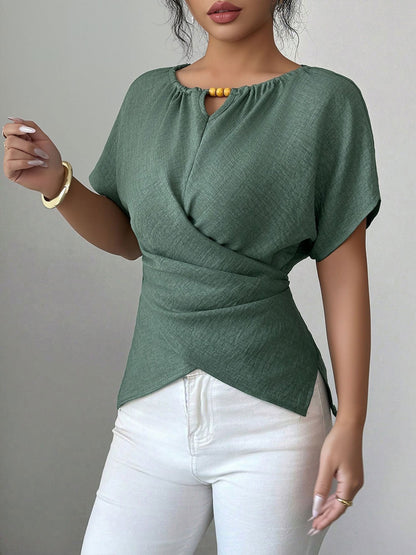 Beaded Solid Color Short Sleeve Tie Waist Blouse